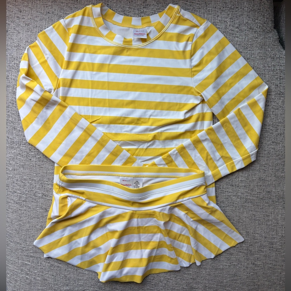 Hanna Andersson Girls Yellow Striped Rash Guard Swim Suit